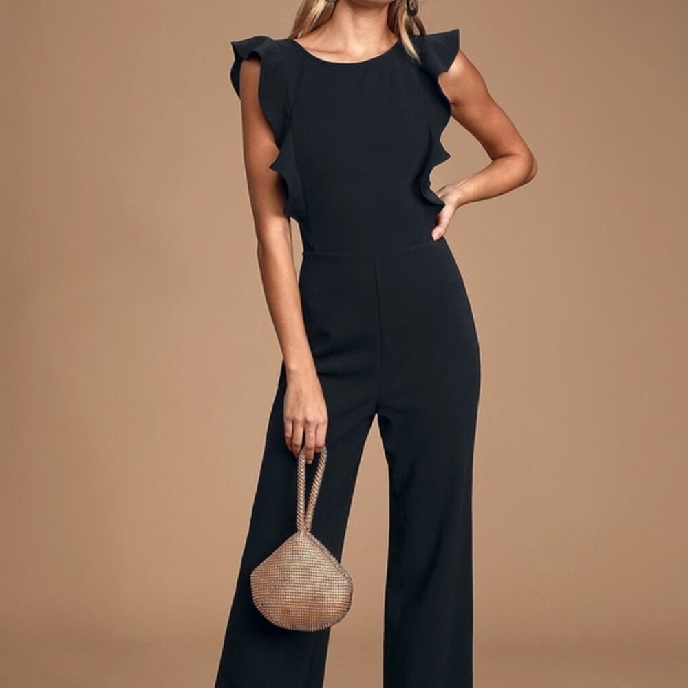 Lulus Feel Your Love Black Ruffled Wide-Leg Jumpsuit (XS)